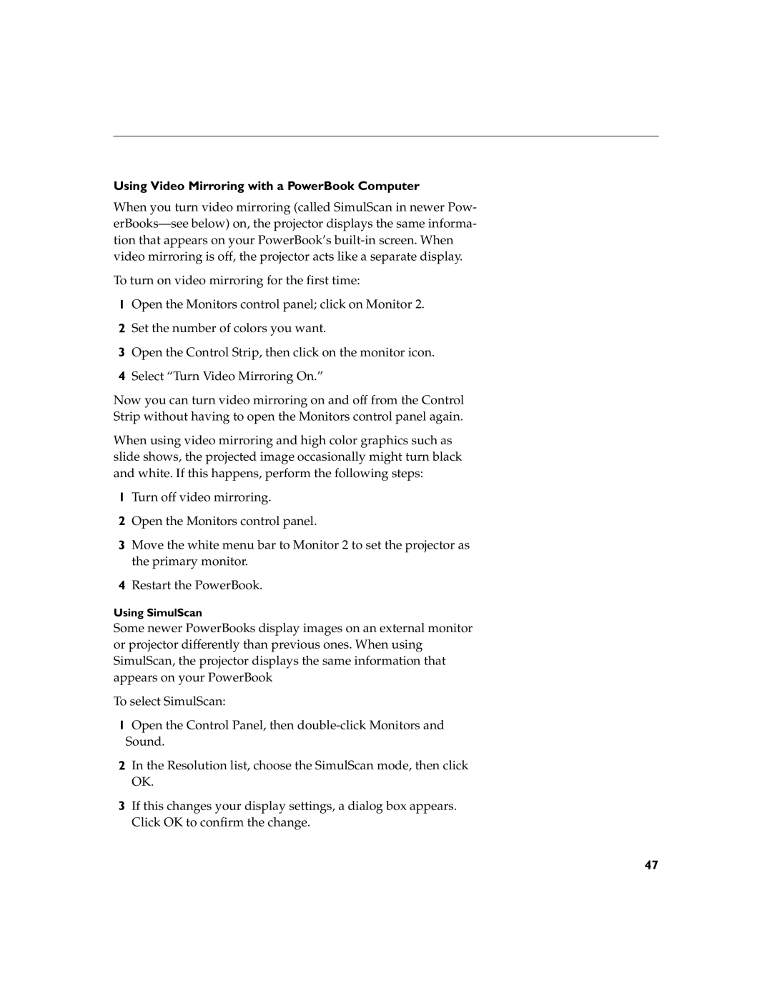 InFocus LP290 instruction manual Using Video Mirroring with a PowerBook Computer, Using SimulScan 