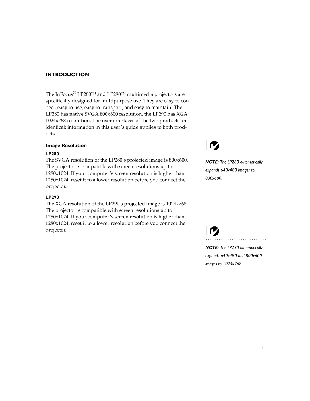 InFocus LP290 instruction manual Introduction, Image Resolution, LP280 