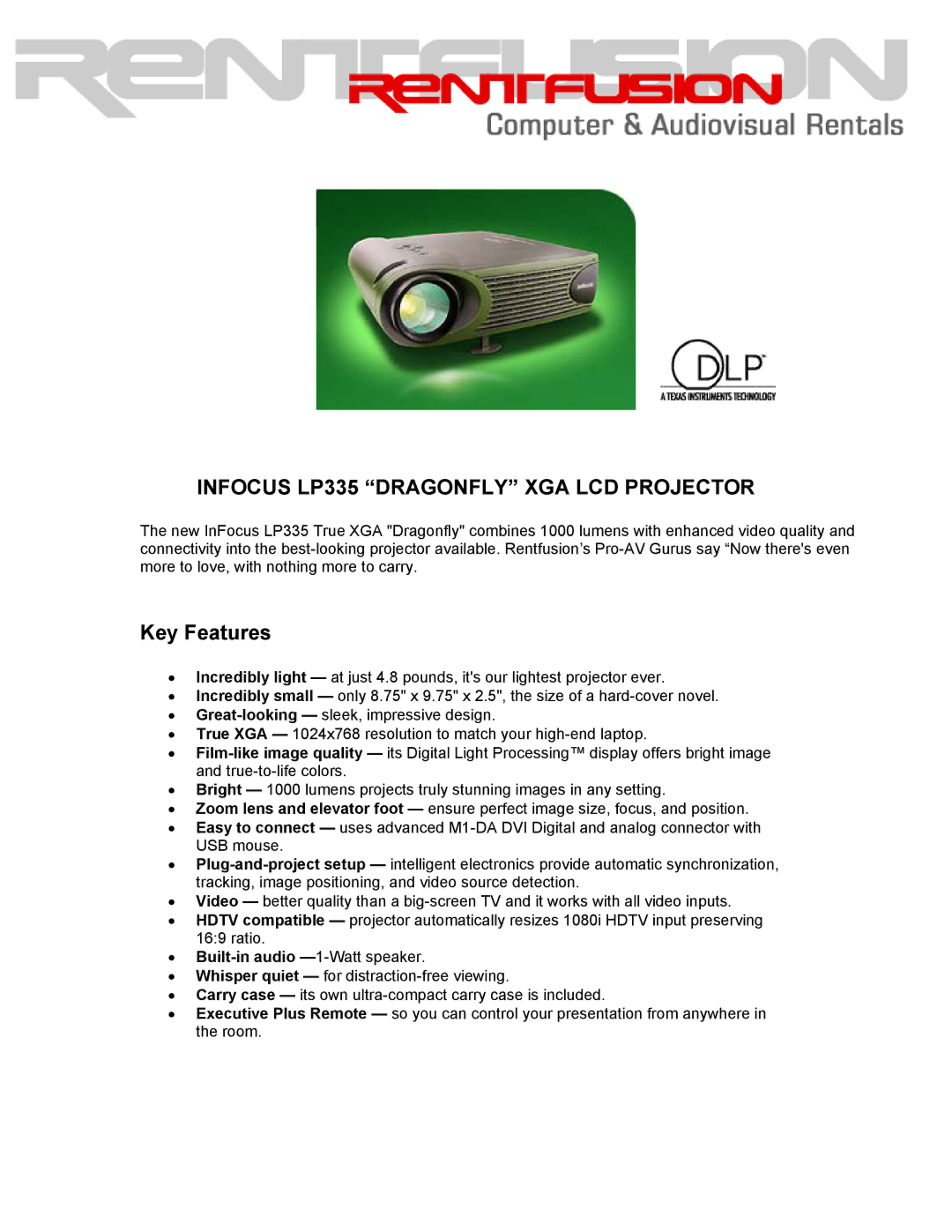 InFocus manual Infocus LP335 Dragonfly XGA LCD Projector, Key Features, Built-in audio -1-Watt speaker 