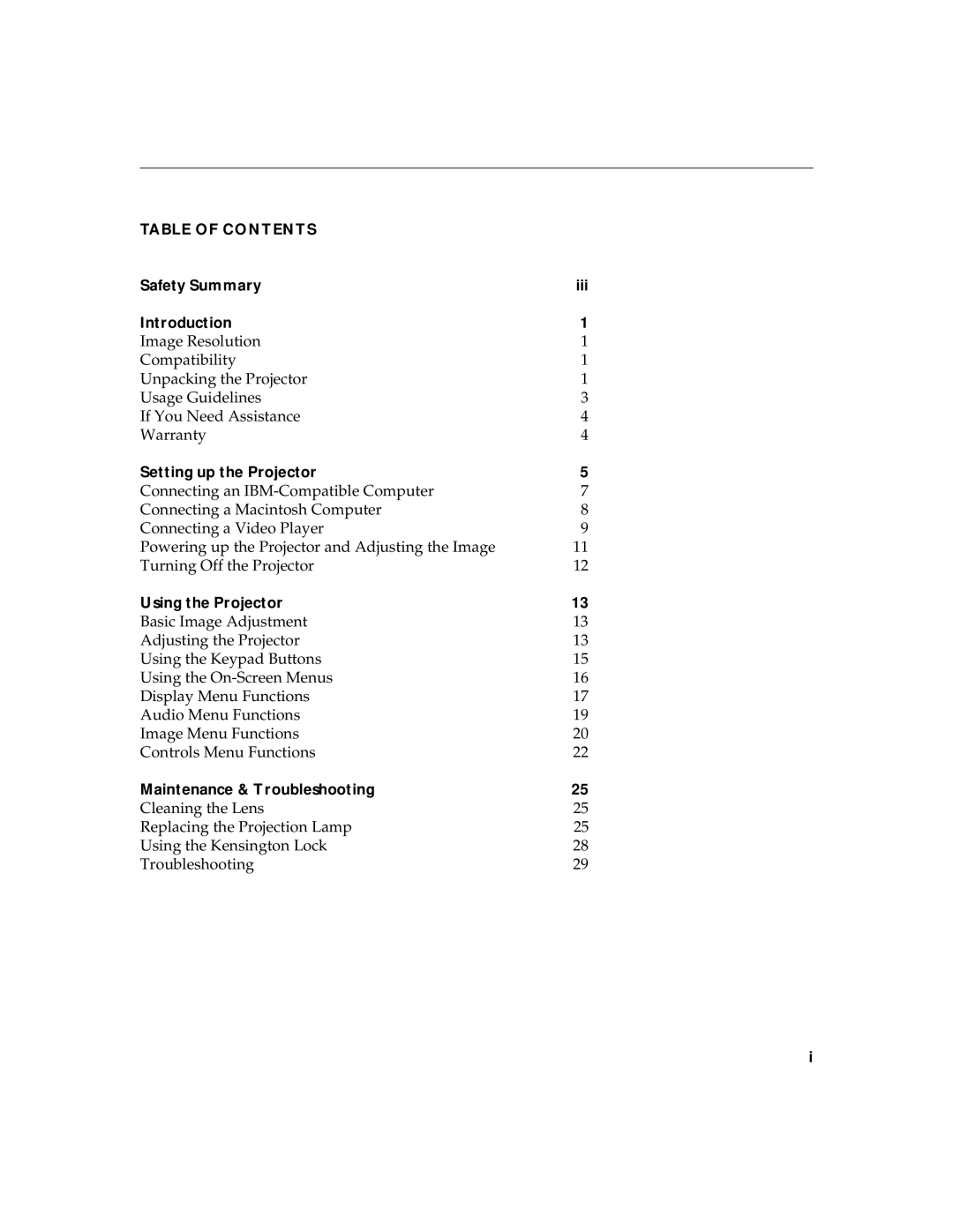 InFocus LP420 warranty Table of Contents 