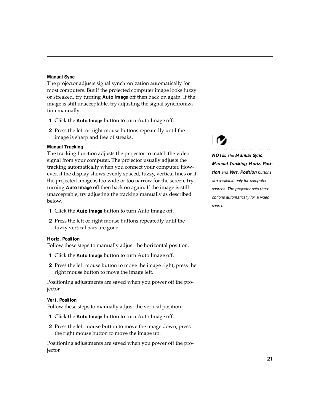 InFocus LP420 warranty Manual Tracking, Horiz. Posi 