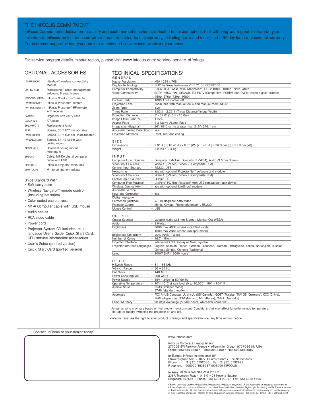 InFocus LP600 manual Infocus Commitment, Optional Accessories, Technical SPECIFICATIONS+ 