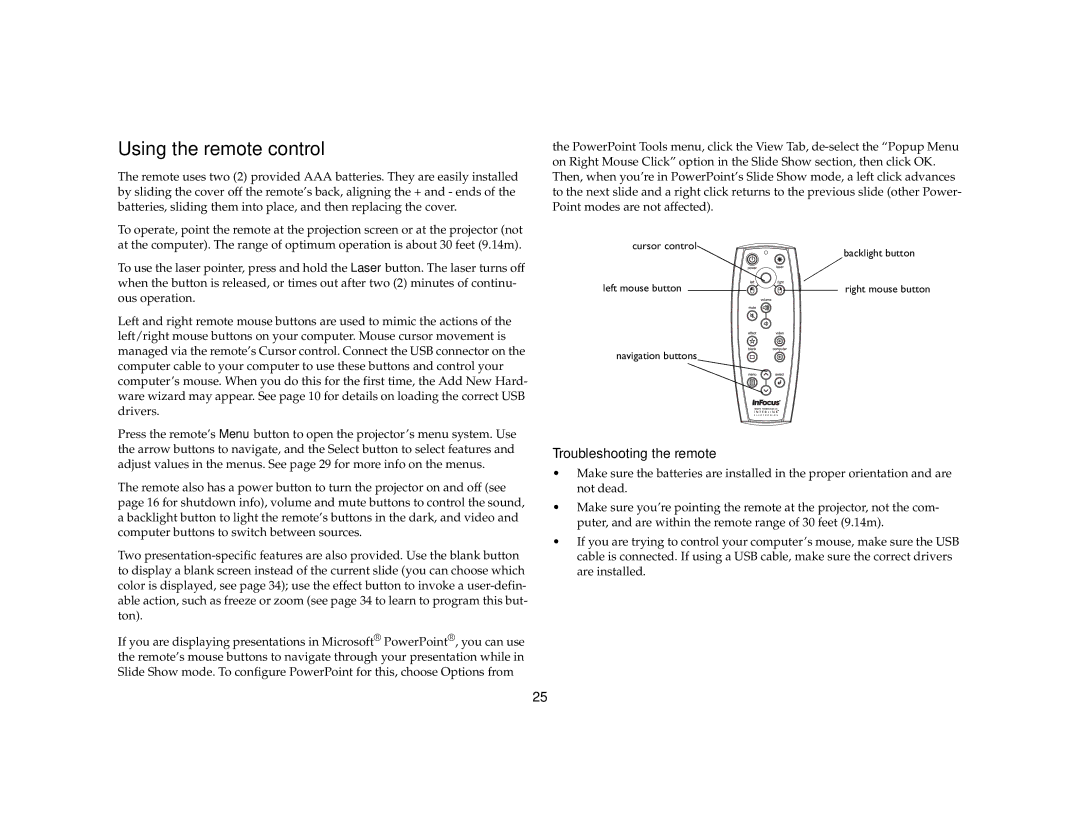 InFocus LP650 manual Using the remote control, Troubleshooting the remote 