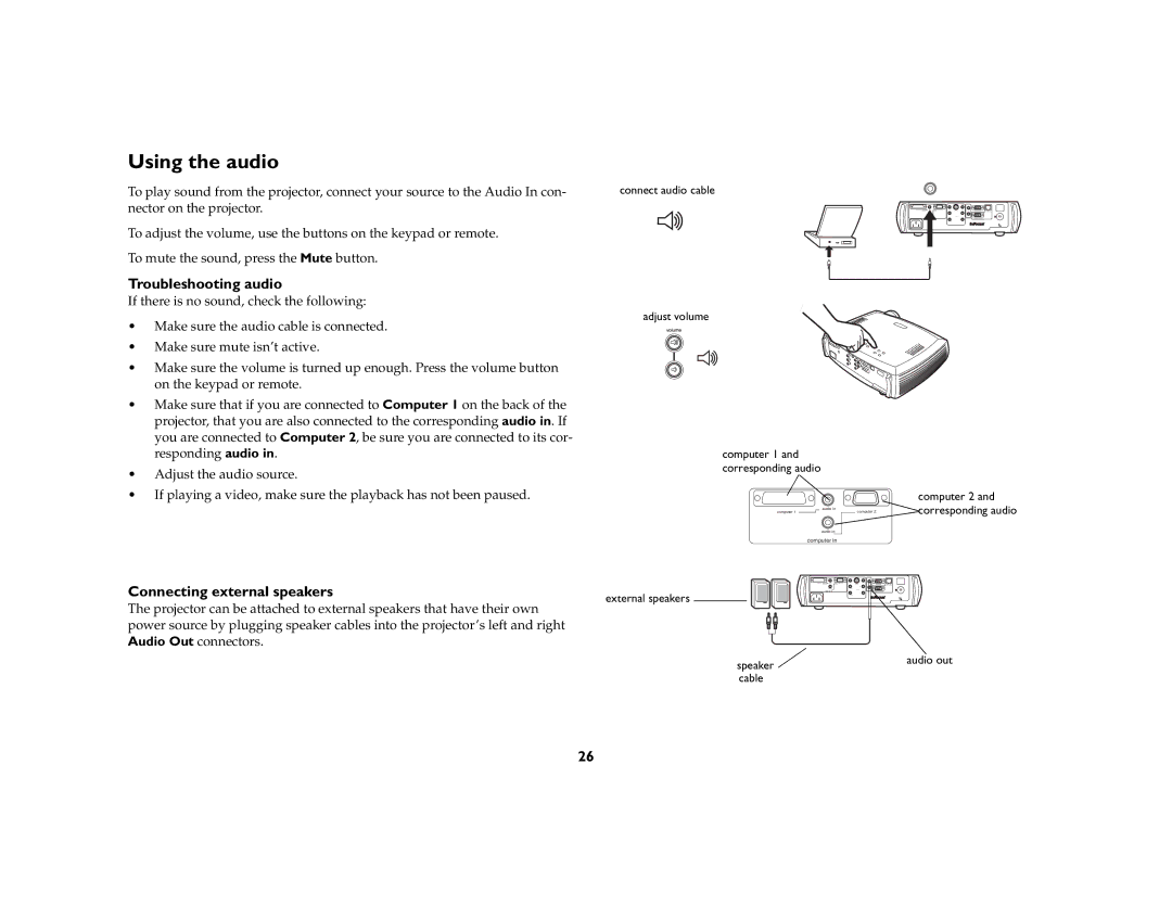 InFocus LP650 manual Using the audio, Troubleshooting audio, Connecting external speakers 