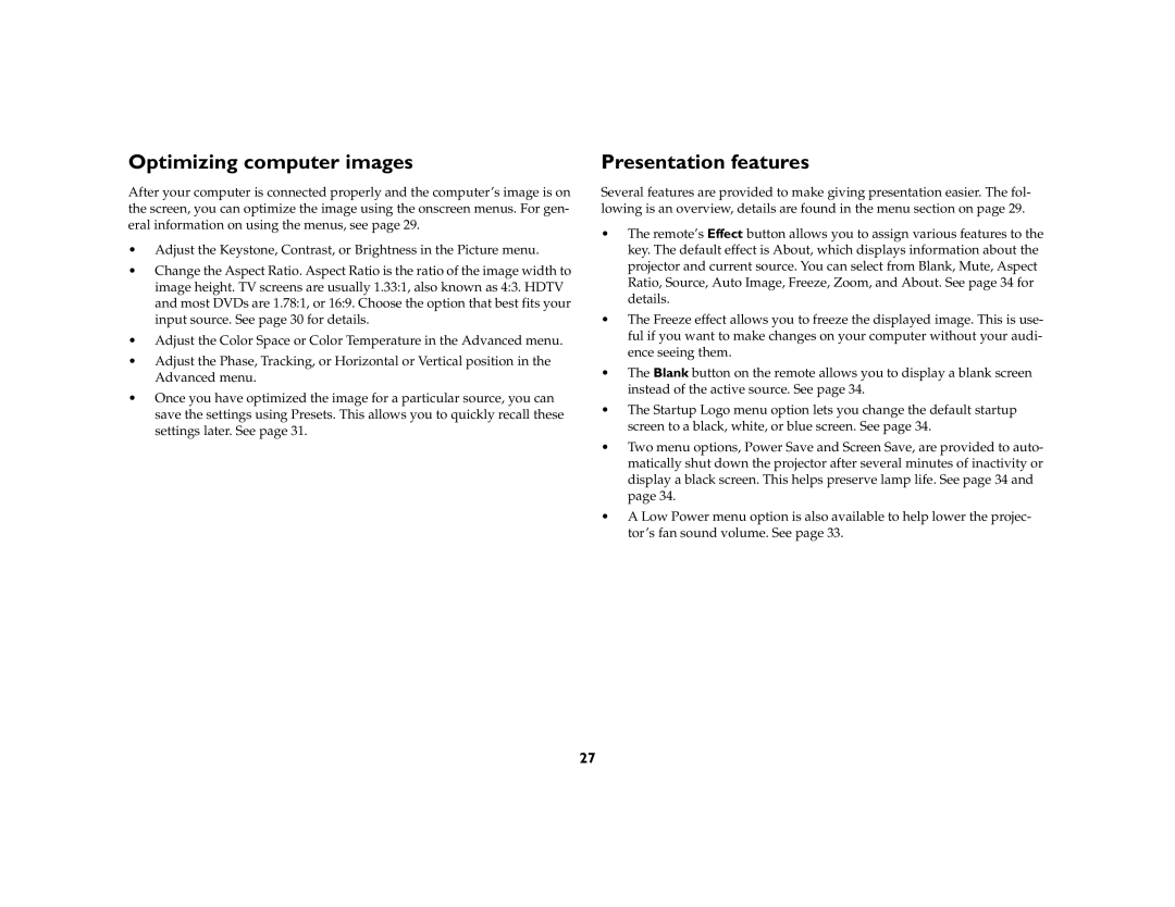 InFocus LP650 manual Optimizing computer images, Presentation features 