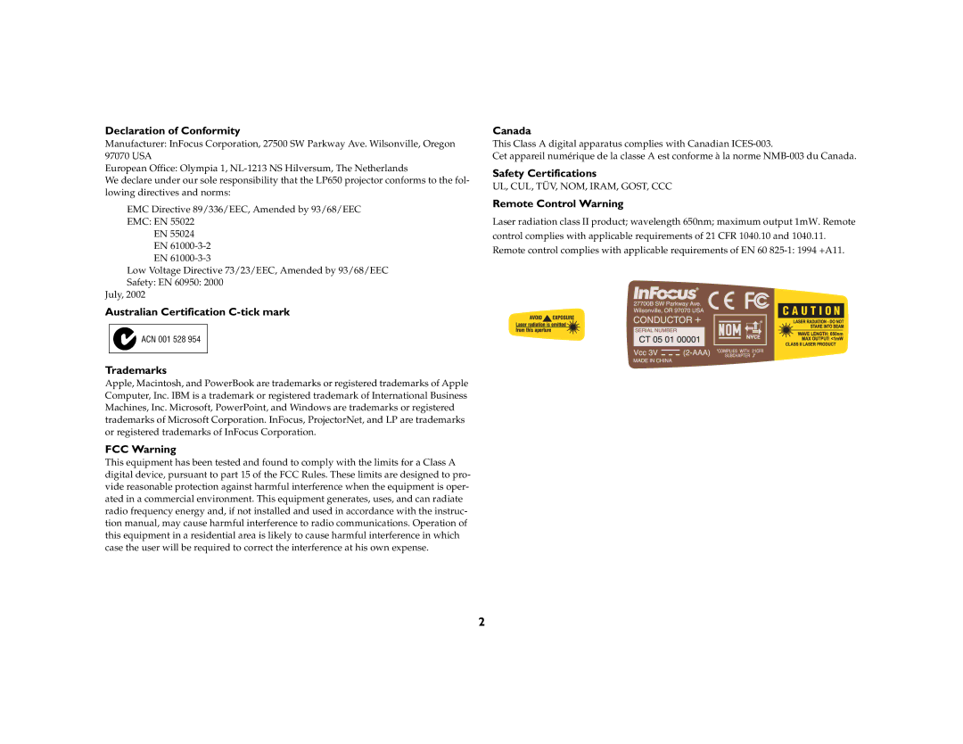 InFocus LP650 manual Declaration of Conformity, Australian Certification C-tick mark Trademarks, FCC Warning, Canada 