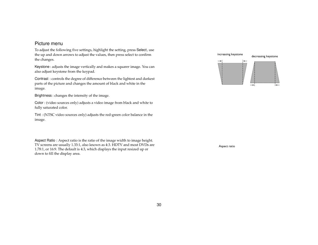 InFocus LP650 manual Picture menu 