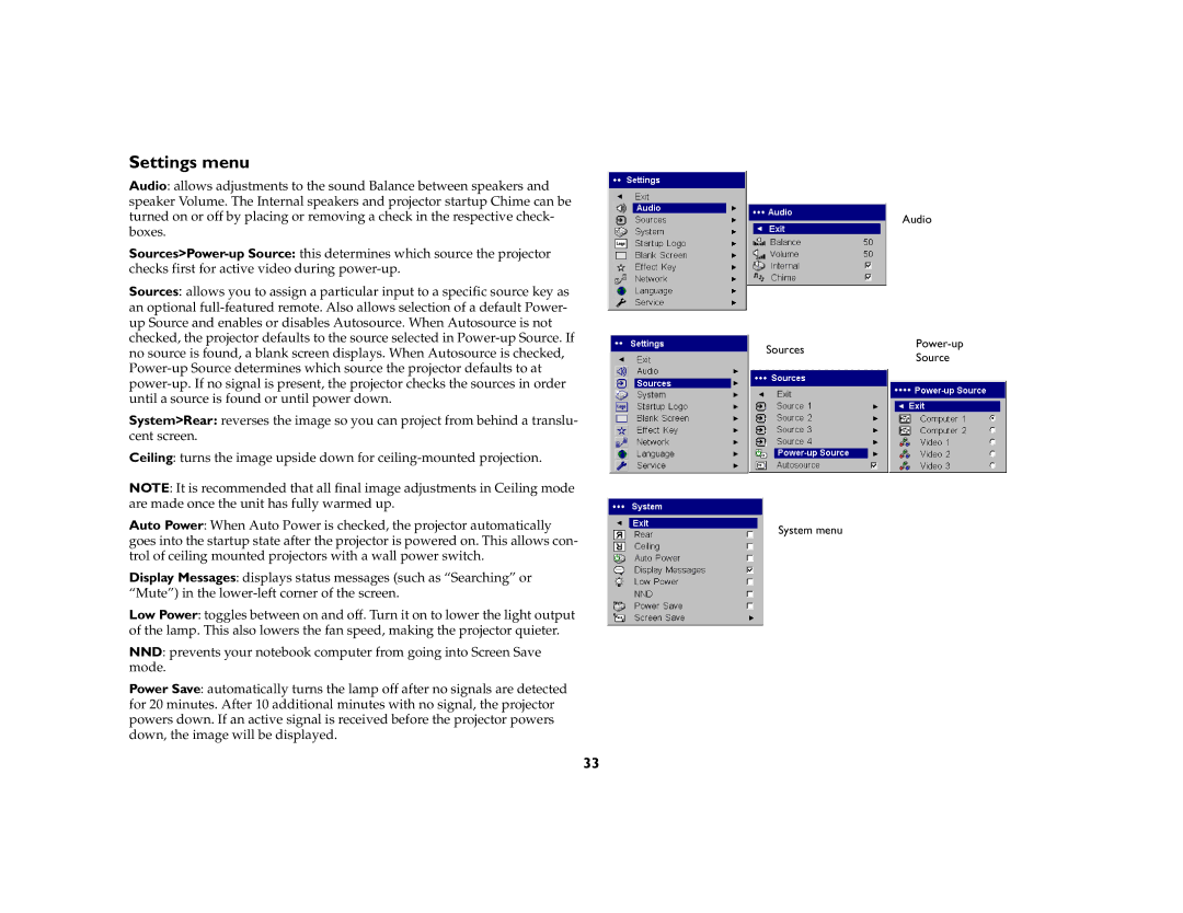 InFocus LP650 manual Settings menu 