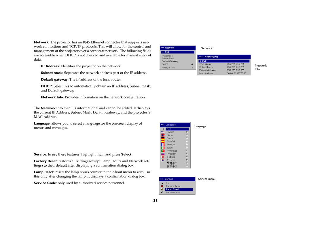 InFocus LP650 manual Network Info Language Service menu 