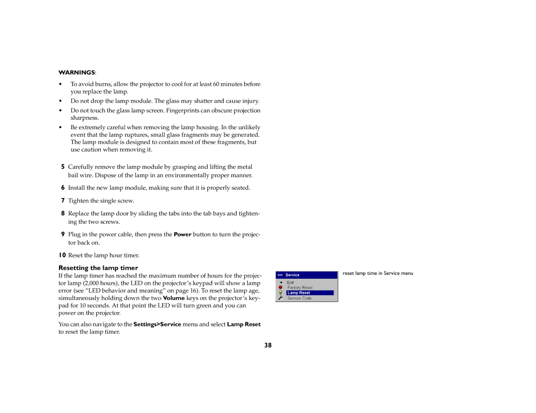 InFocus LP650 manual Resetting the lamp timer 