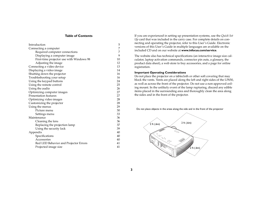 InFocus LP650 manual Table of Contents 