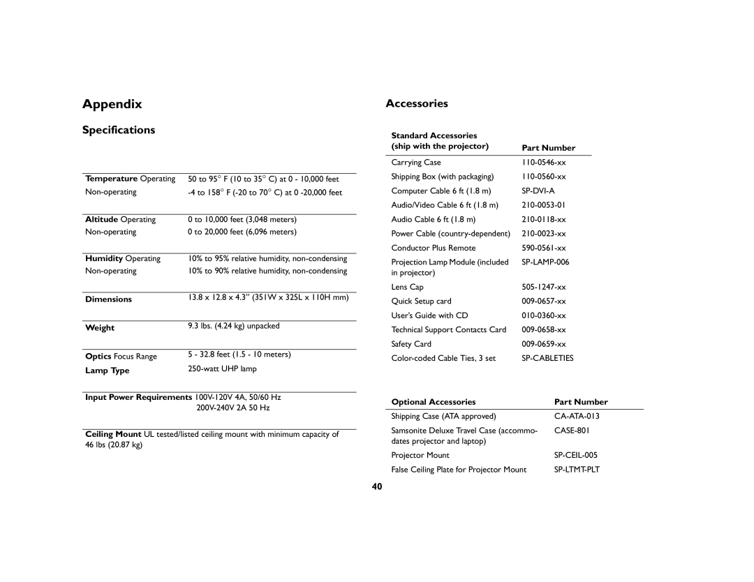 InFocus LP650 manual Appendix, Specifications, Accessories 