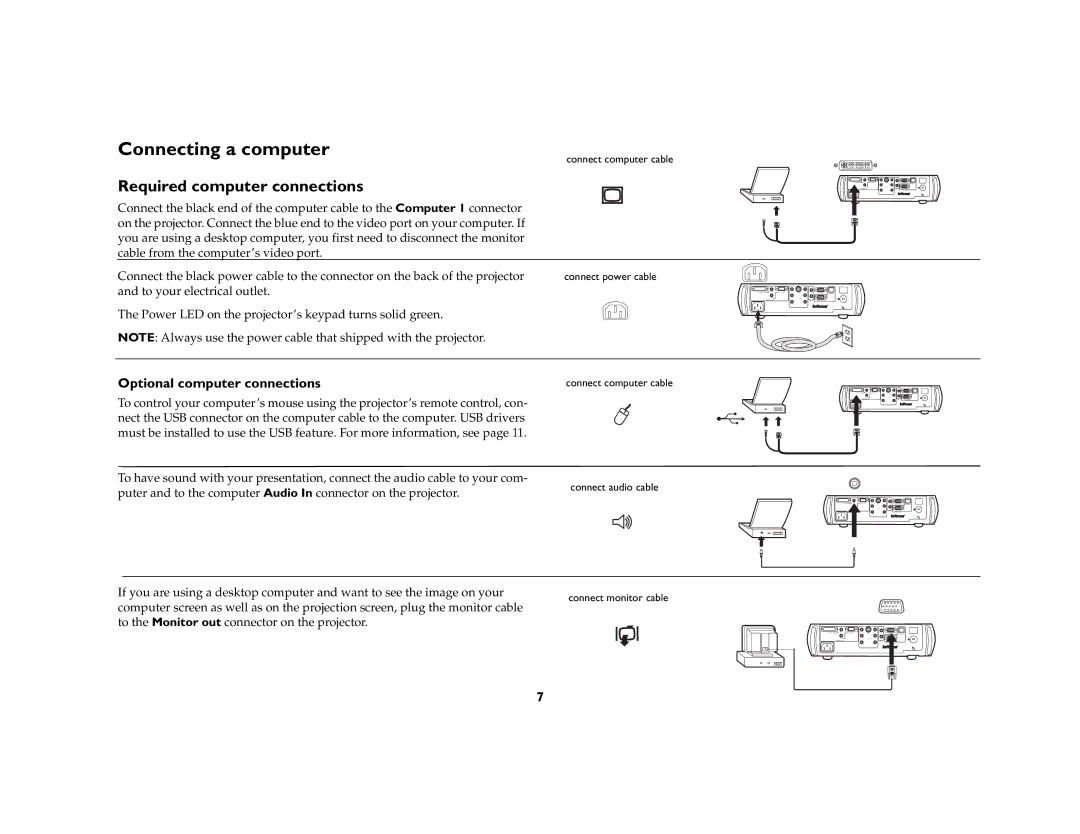 InFocus LP650 manual Connecting a computer, Required computer connections, Optional computer connections 