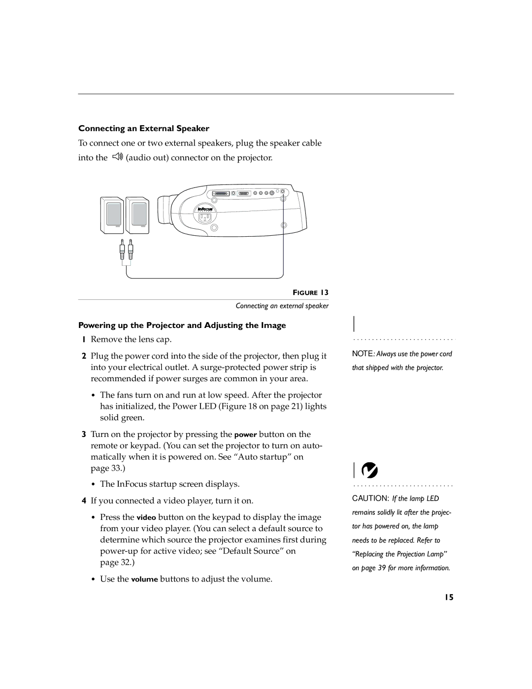 InFocus LP755 manual Connecting an External Speaker, Powering up the Projector and Adjusting the Image 