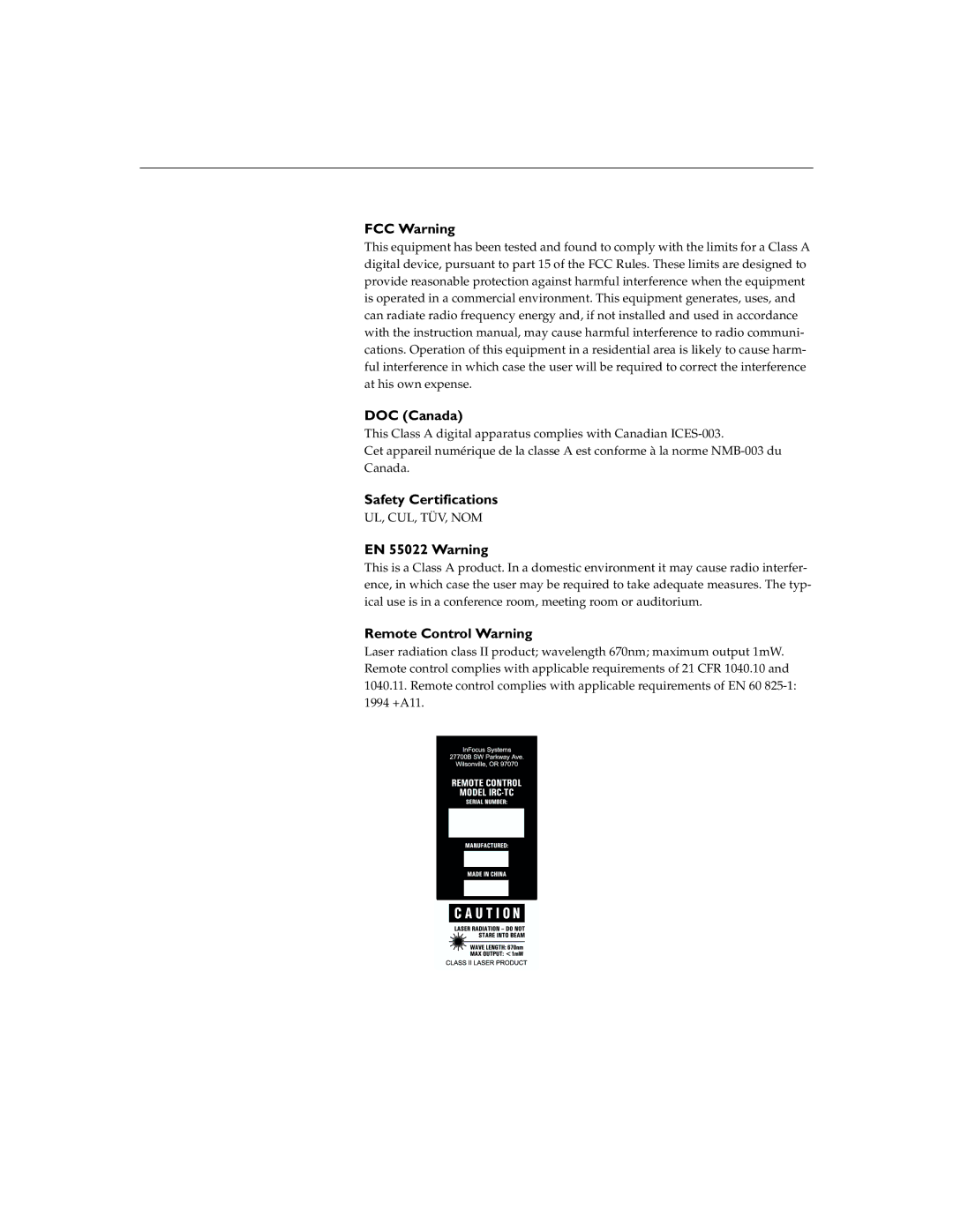 InFocus LP755 manual FCC Warning DOC Canada, Safety Certifications, EN 55022 Warning, Remote Control Warning 