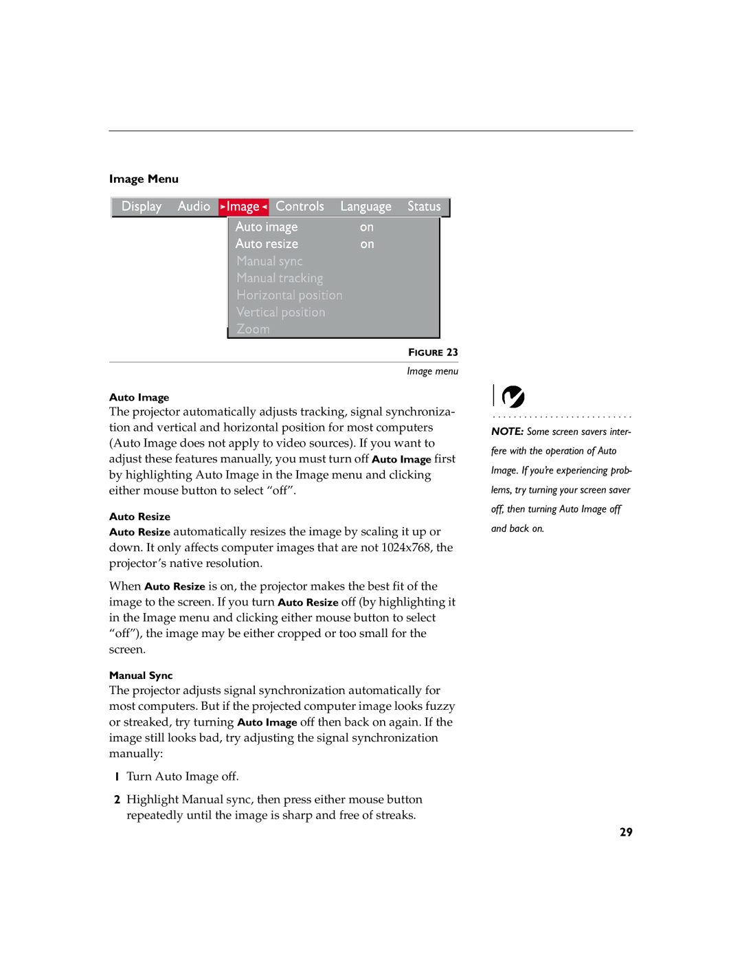 InFocus LP755 manual Image Menu, Auto Image, Auto Resize, Manual Sync 