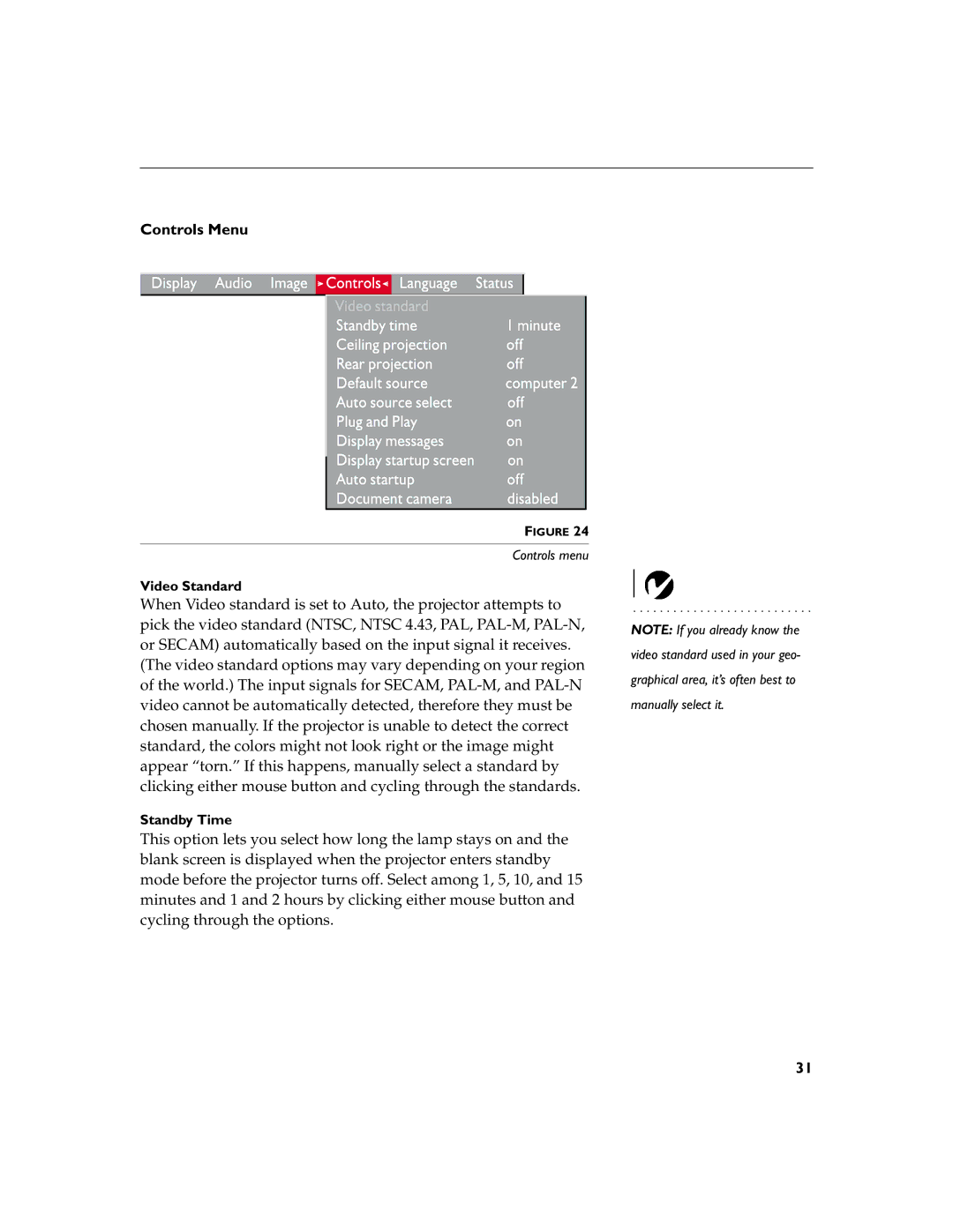 InFocus LP755 manual Controls Menu, Video Standard, Standby Time 