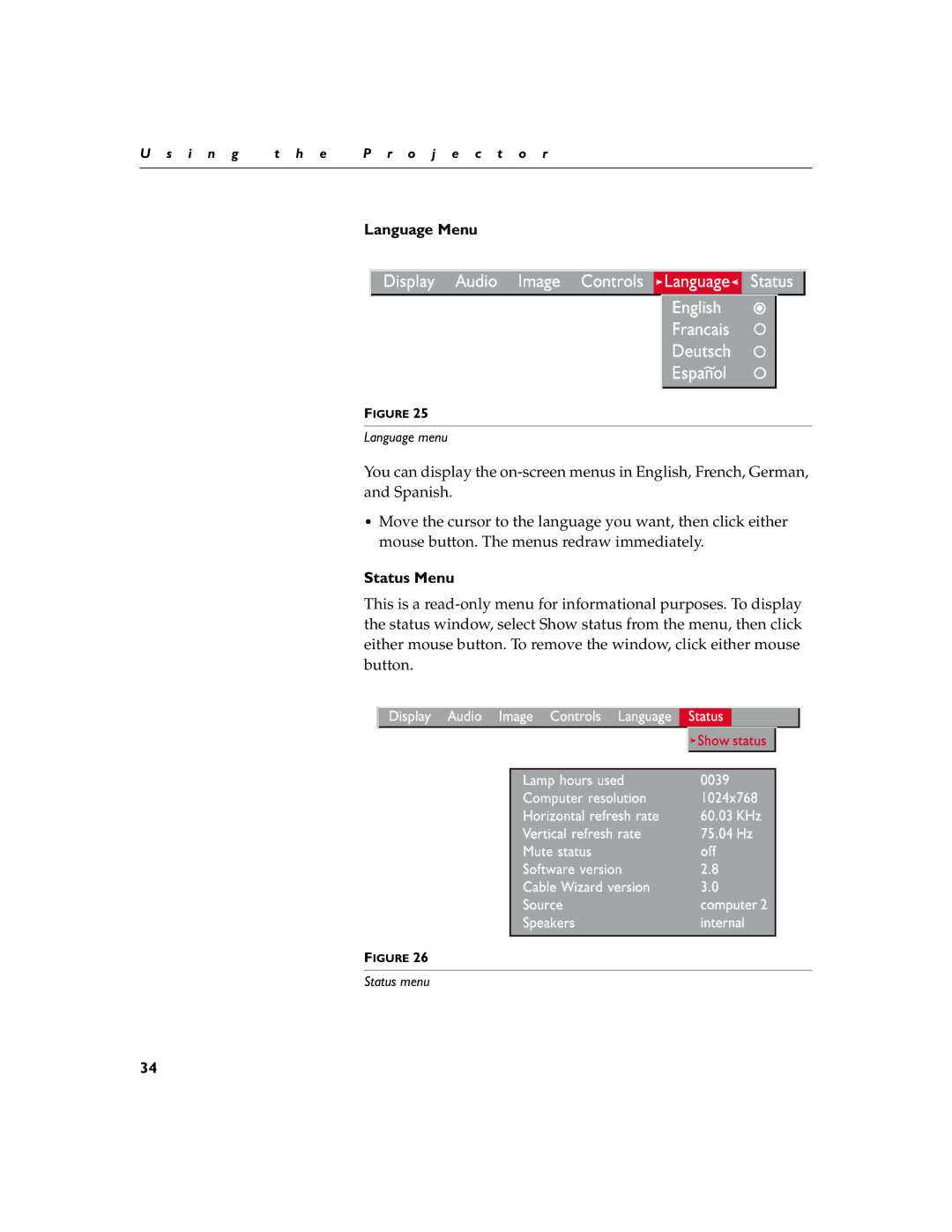 InFocus LP755 manual Language Menu, Status Menu 