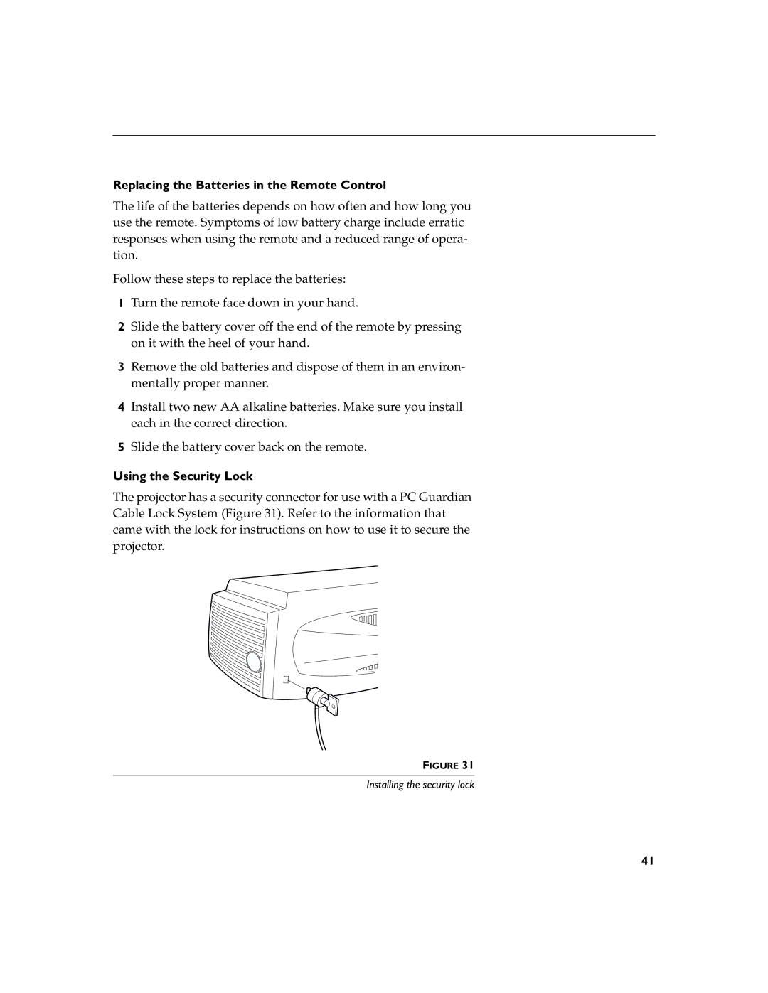 InFocus LP755 manual Replacing the Batteries in the Remote Control, Using the Security Lock 