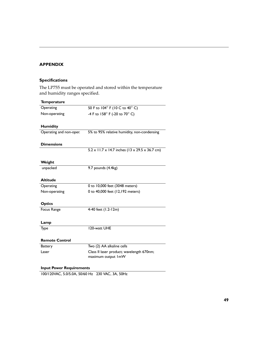 InFocus LP755 manual Appendix, Specifications 