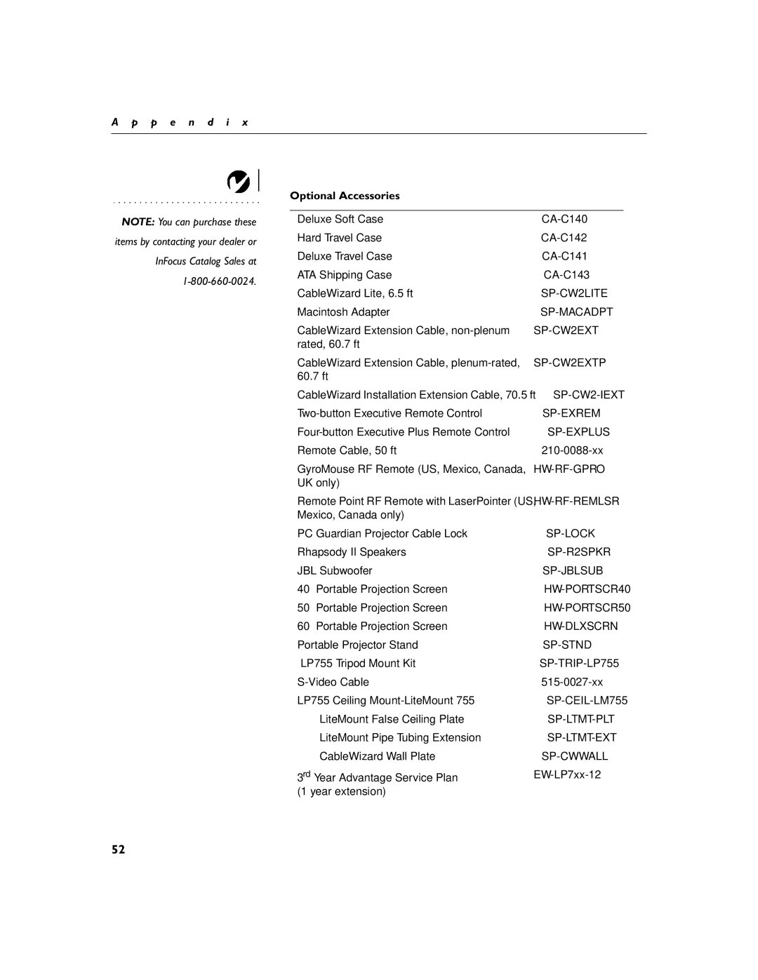 InFocus LP755 manual Optional Accessories, Hw-Rf-Gpro 