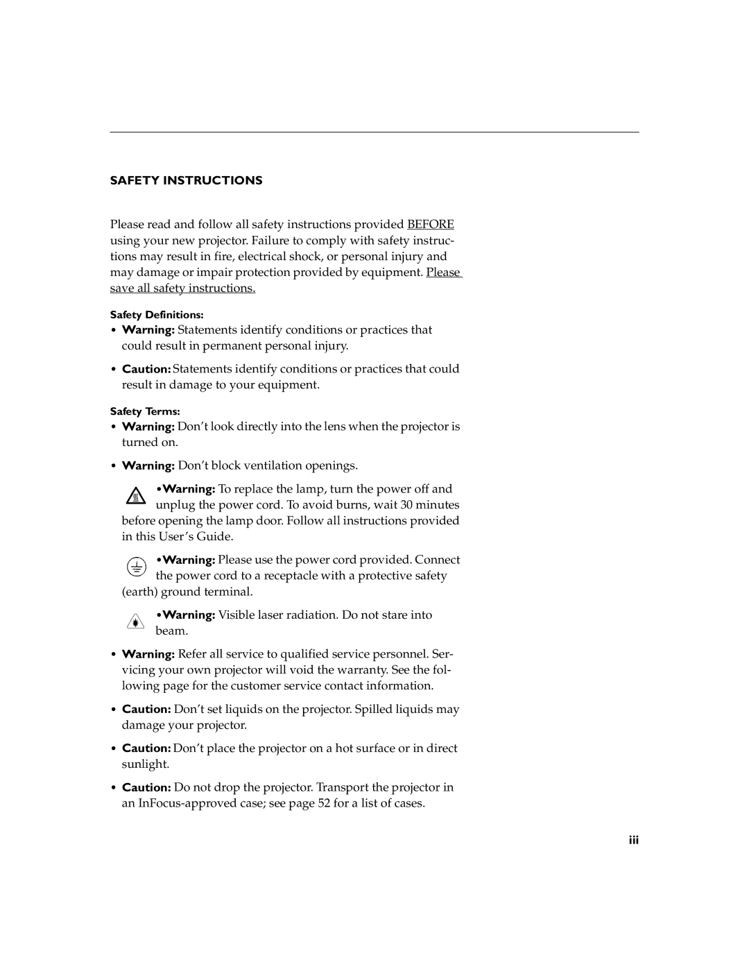 InFocus LP755 manual Safety Instructions, Safety Definitions Safety Terms 