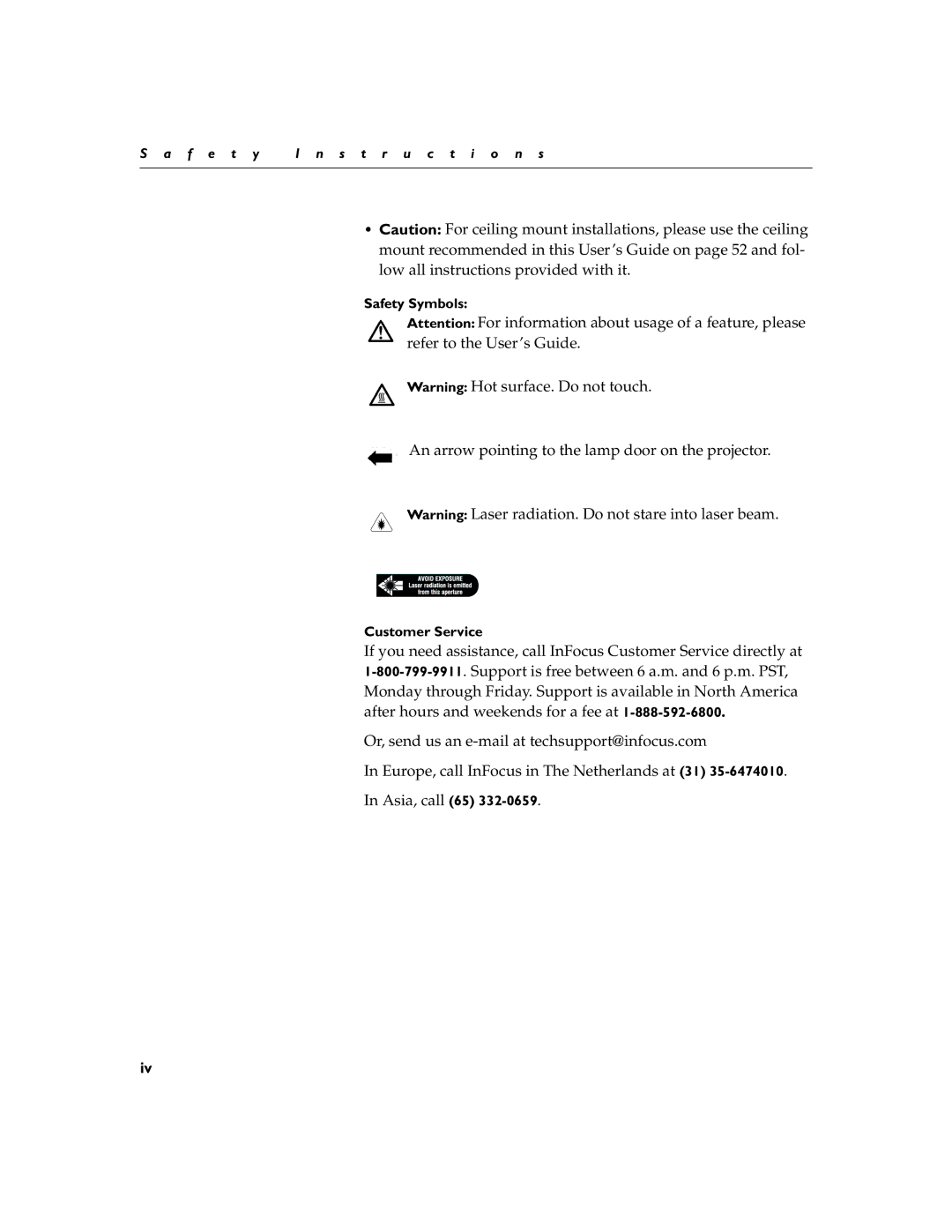 InFocus LP755 manual Safety Symbols, Customer Service 