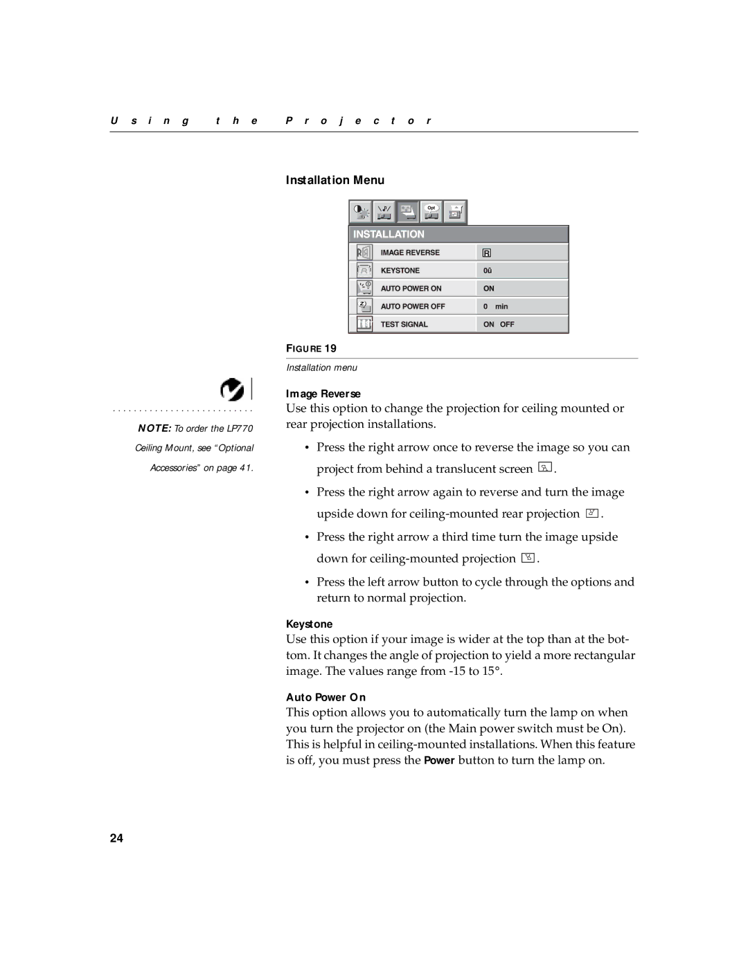 InFocus LP770 manual Installation Menu 