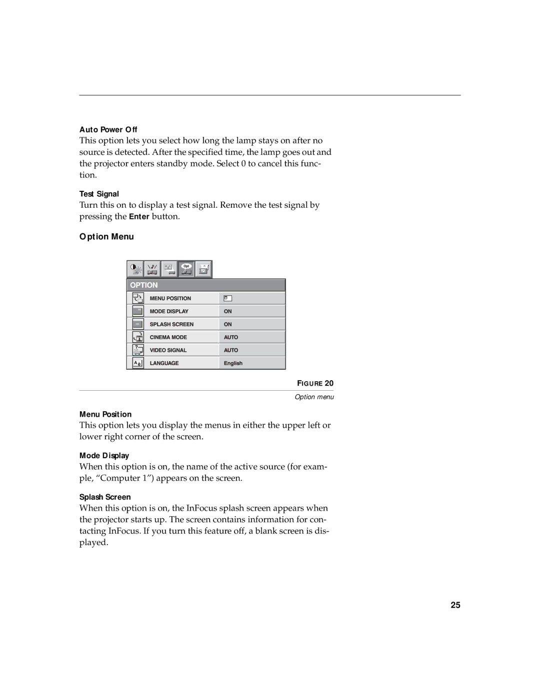 InFocus LP770 manual Option Menu 