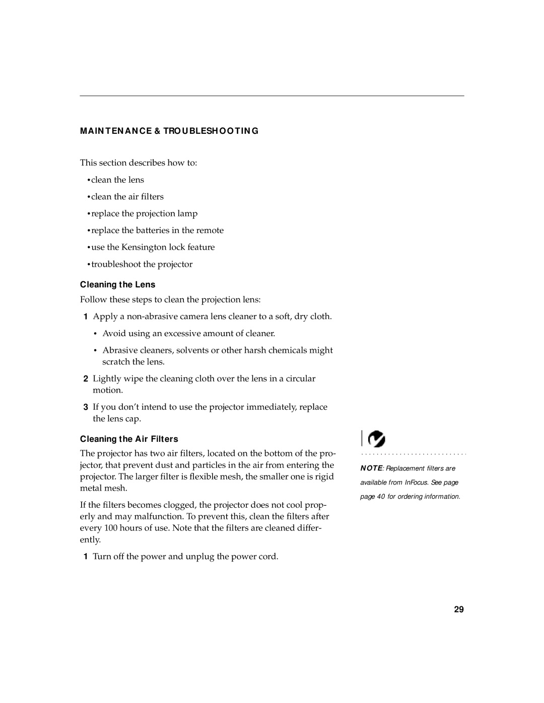 InFocus LP770 manual Maintenance & Troubleshooting, Cleaning the Lens, Cleaning the Air Filters 
