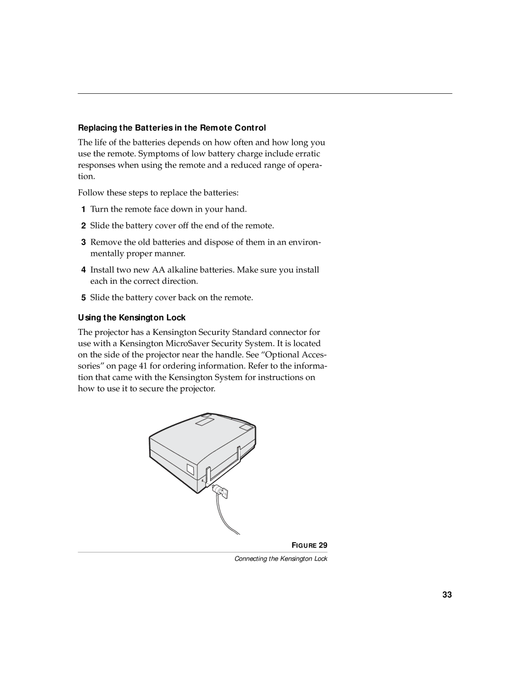 InFocus LP770 manual Replacing the Batteries in the Remote Control, Using the Kensington Lock 