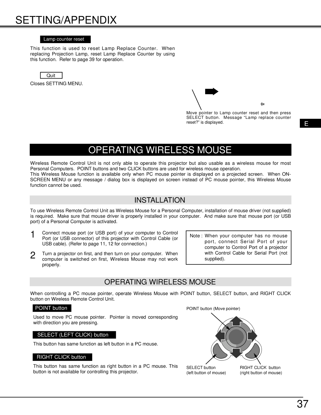 InFocus LP810 manual Setting/Appendix, Operating Wireless Mouse, Installation, Lamp counter reset 