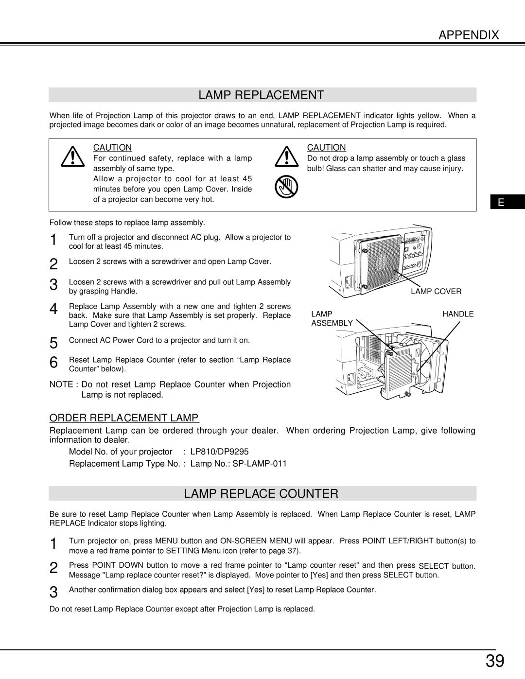 InFocus LP810 manual Appendix Lamp Replacement, Lamp Replace Counter 