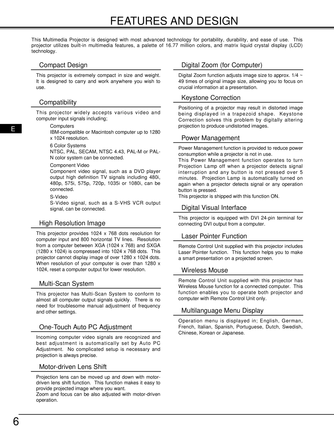 InFocus LP810 manual Features and Design, Computers, Color Systems, Component Video 