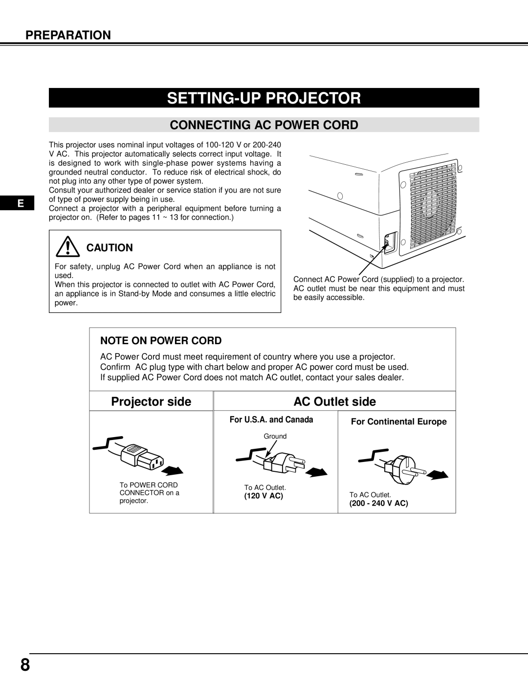 InFocus LP810 SETTING-UP Projector, Connecting AC Power Cord, For U.S.A. and Canada For Continental Europe, 200 240 V AC 