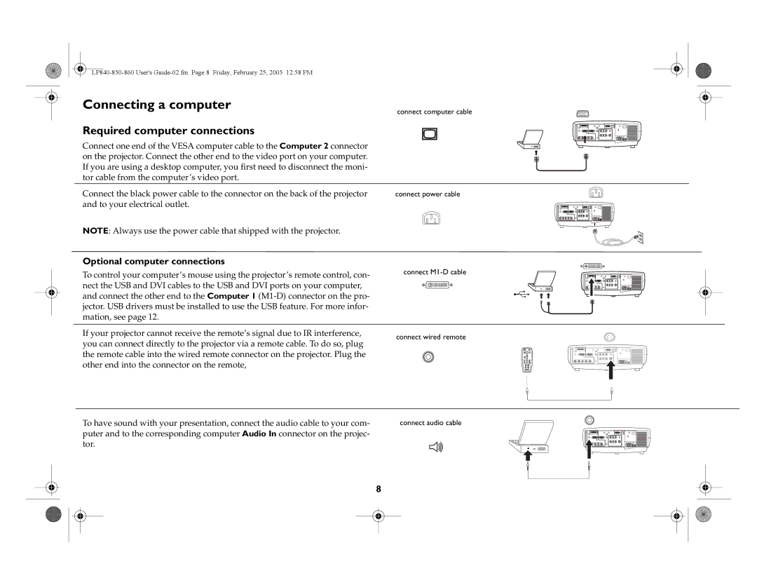 InFocus LP840, LP860, LP850 manual Connecting a computer, Required computer connections, Optional computer connections 