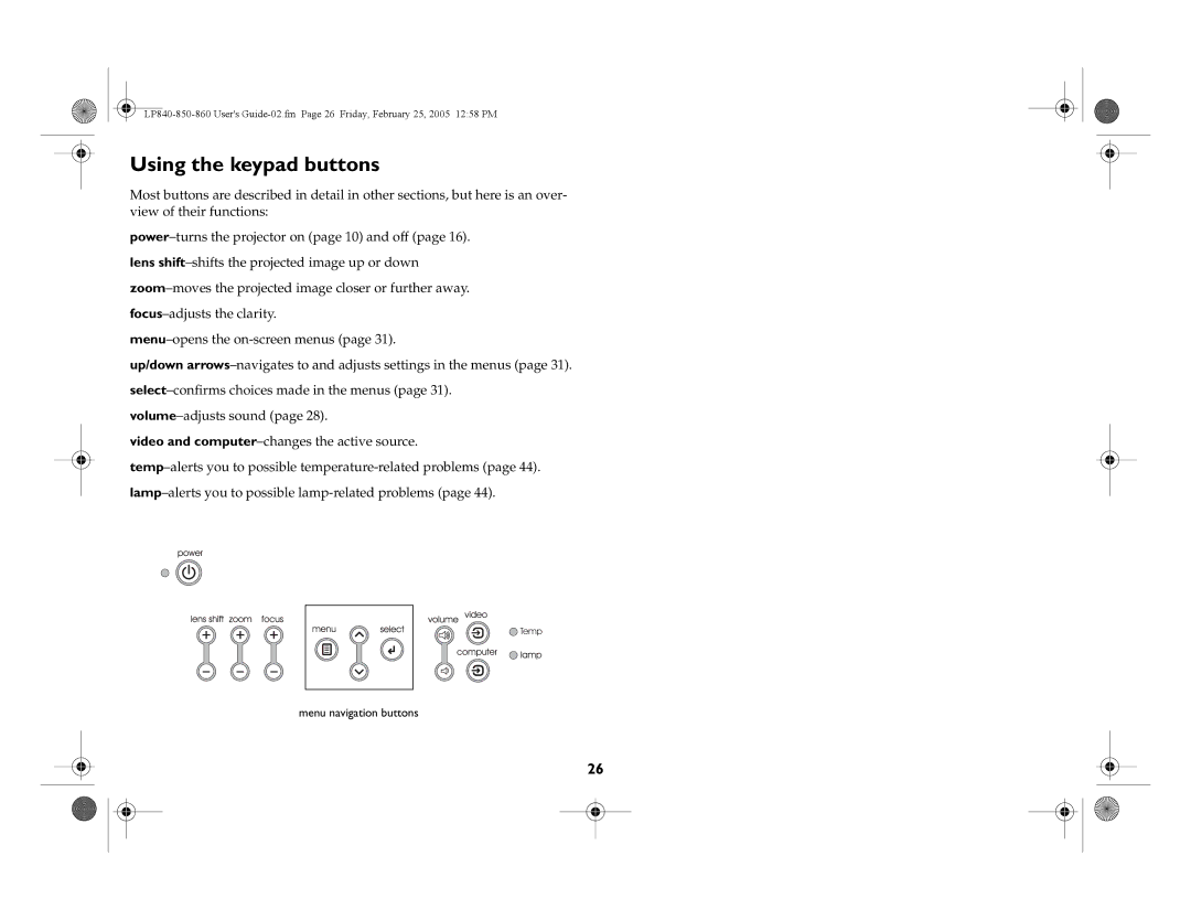 InFocus LP840, LP860, LP850 manual Using the keypad buttons 