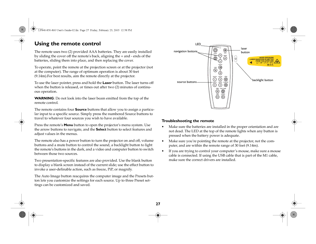 InFocus LP850, LP860, LP840 manual Using the remote control, Troubleshooting the remote 