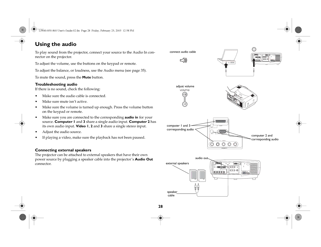 InFocus LP860, LP840, LP850 manual Using the audio, Troubleshooting audio, Connecting external speakers 