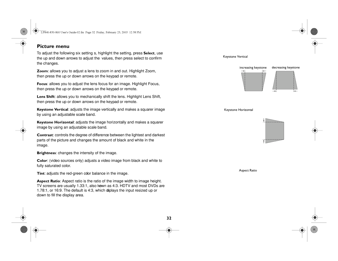 InFocus LP840, LP860, LP850 manual Picture menu 