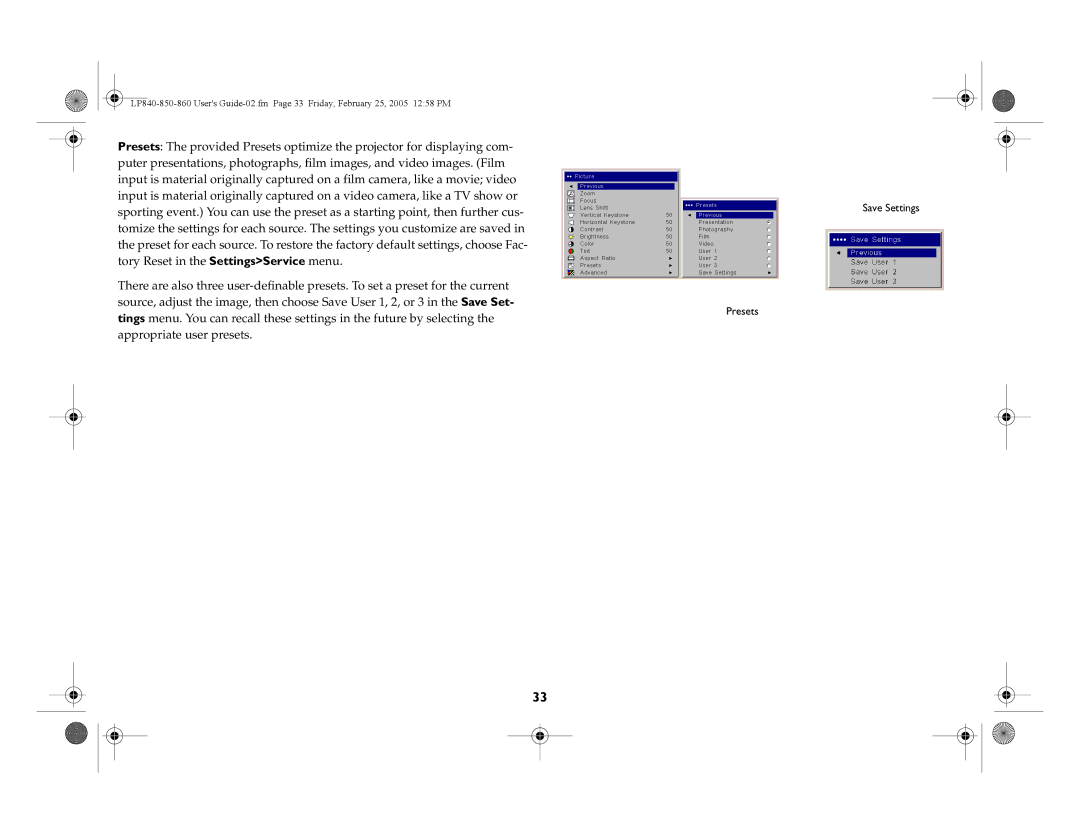 InFocus LP850, LP860, LP840 manual Save Settings Presets 