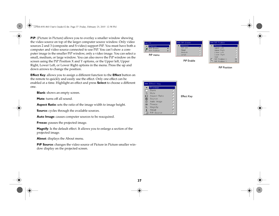 InFocus LP860, LP840, LP850 manual PiP Enable PiP Position Effect Key 