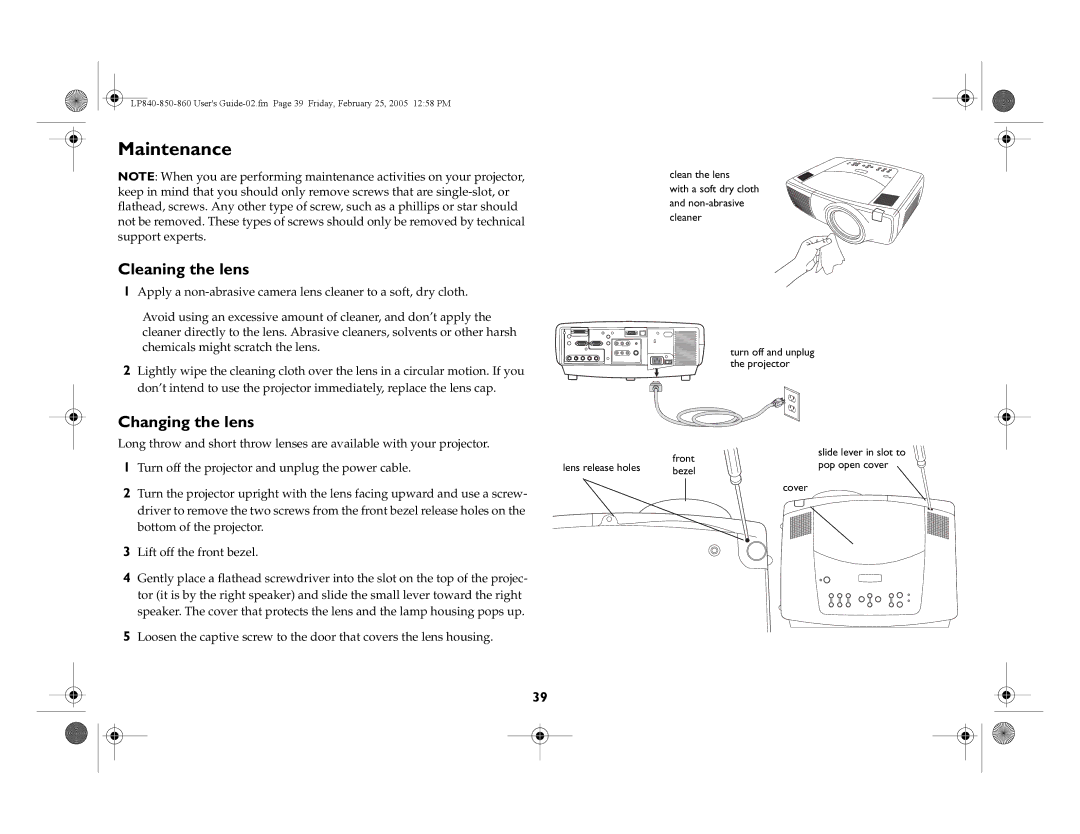 InFocus LP850, LP860, LP840 manual Maintenance, Cleaning the lens, Changing the lens 