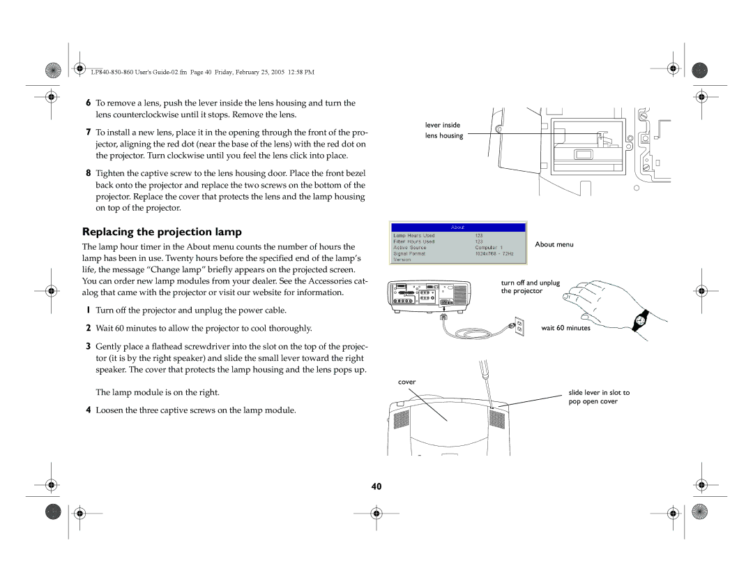 InFocus LP860, LP840, LP850 manual Replacing the projection lamp 