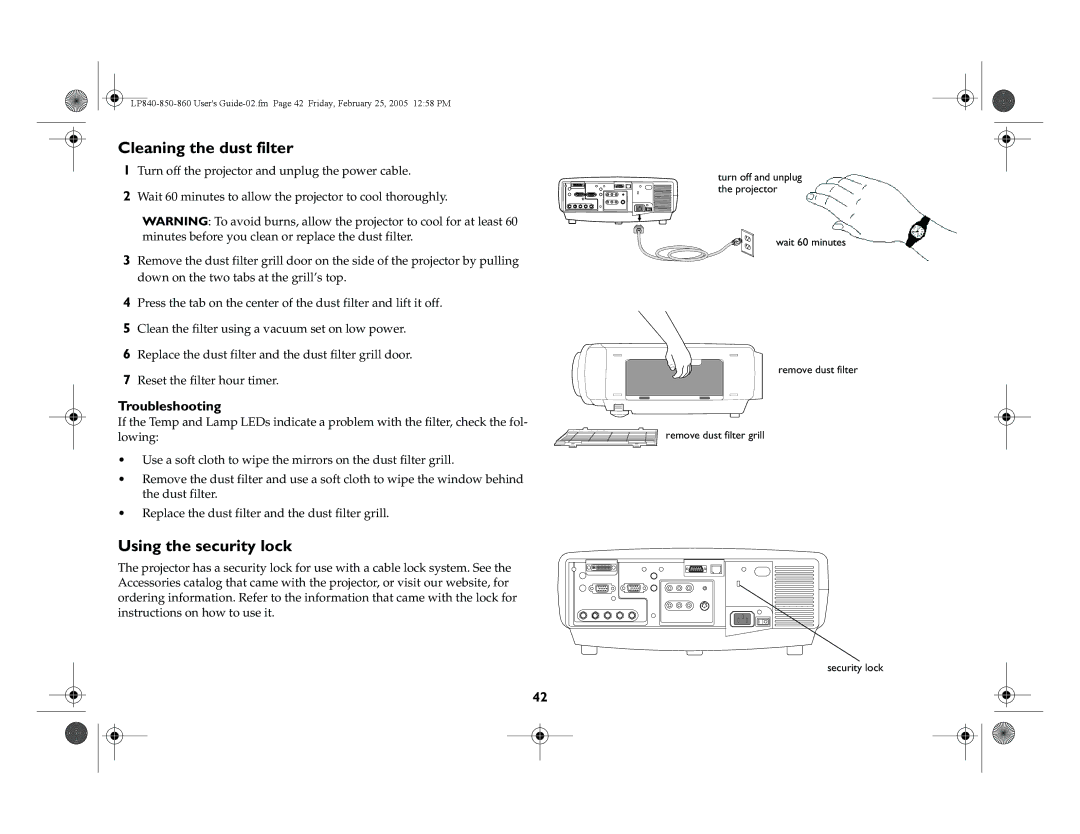 InFocus LP850, LP860, LP840 manual Cleaning the dust filter, Using the security lock, Troubleshooting 
