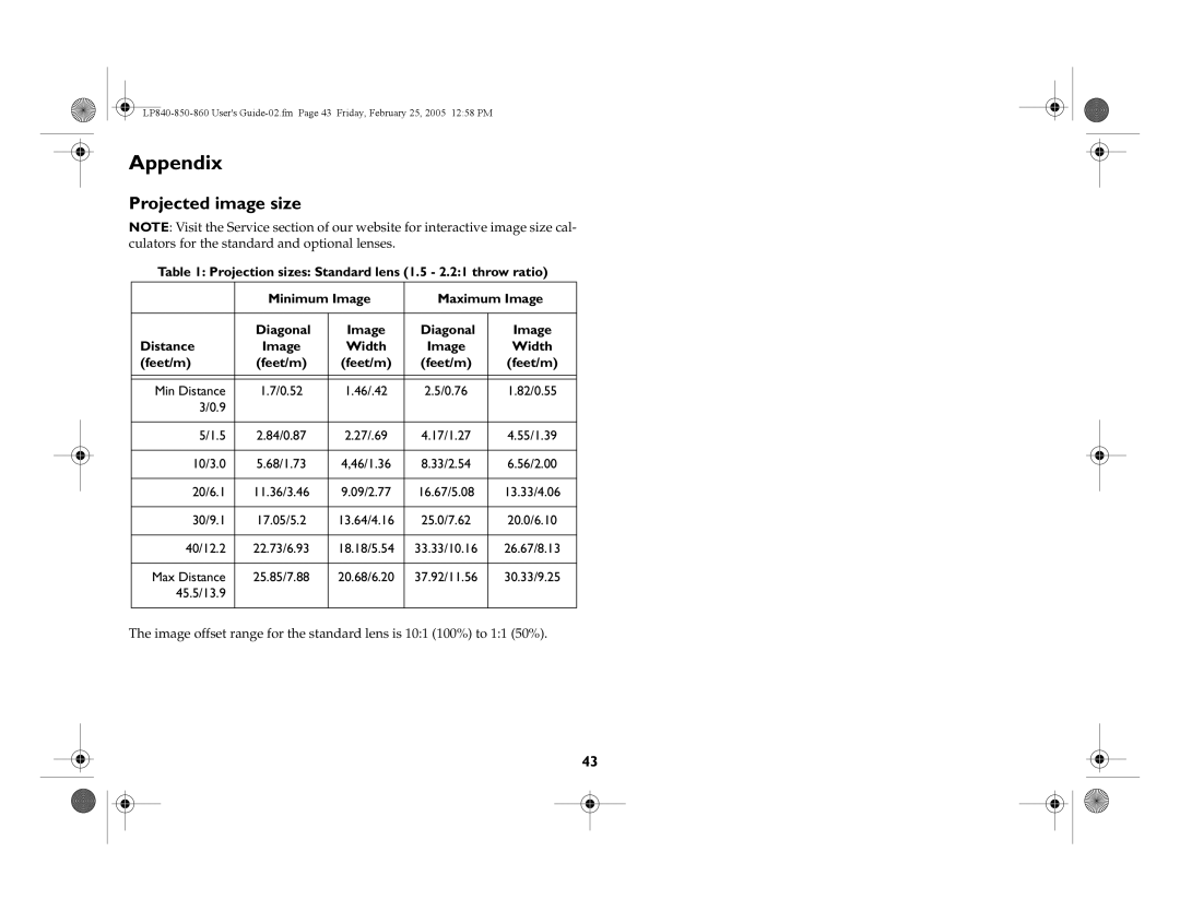 InFocus LP860, LP840, LP850 manual Appendix, Projected image size, Width Image Feet/m 