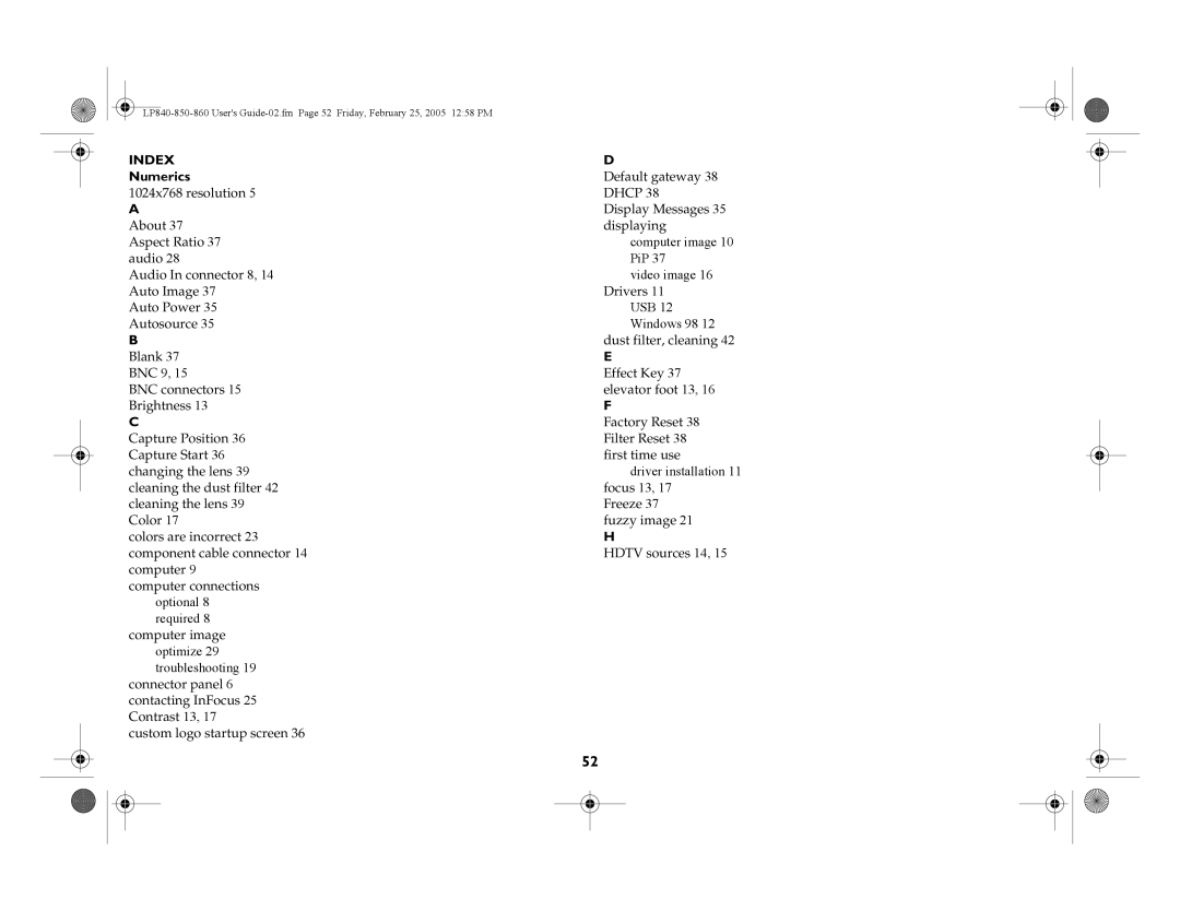 InFocus LP860, LP840, LP850 manual Index, Numerics 