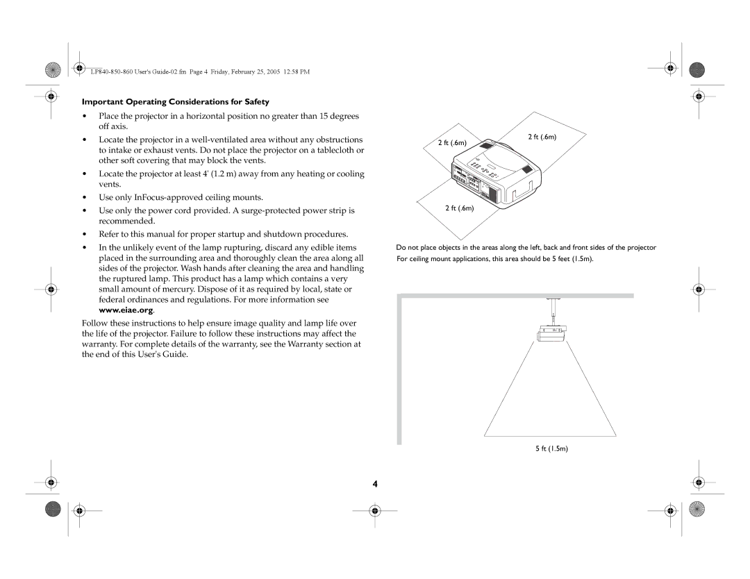 InFocus LP860, LP840, LP850 manual Important Operating Considerations for Safety 