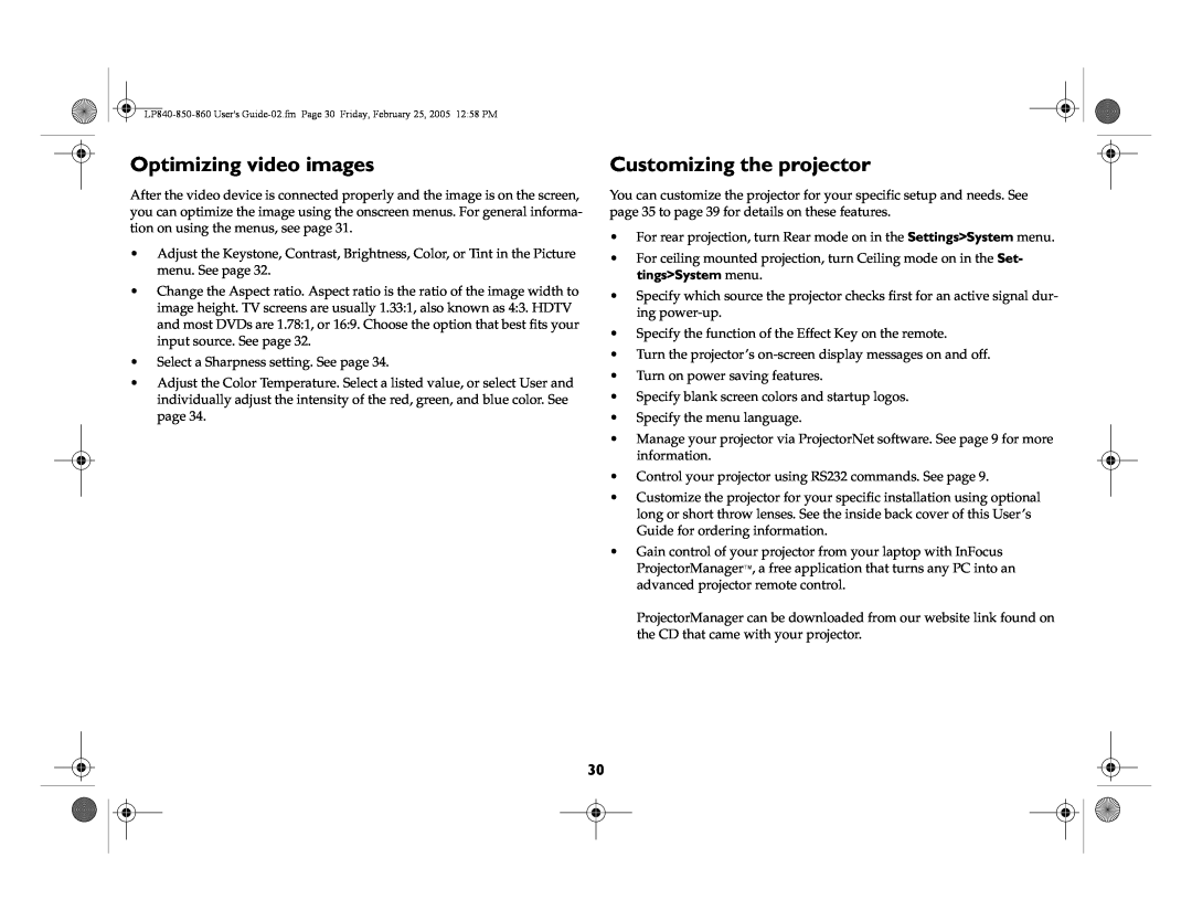 InFocus LP850, LP860, LP840 manual Optimizing video images, Customizing the projector 