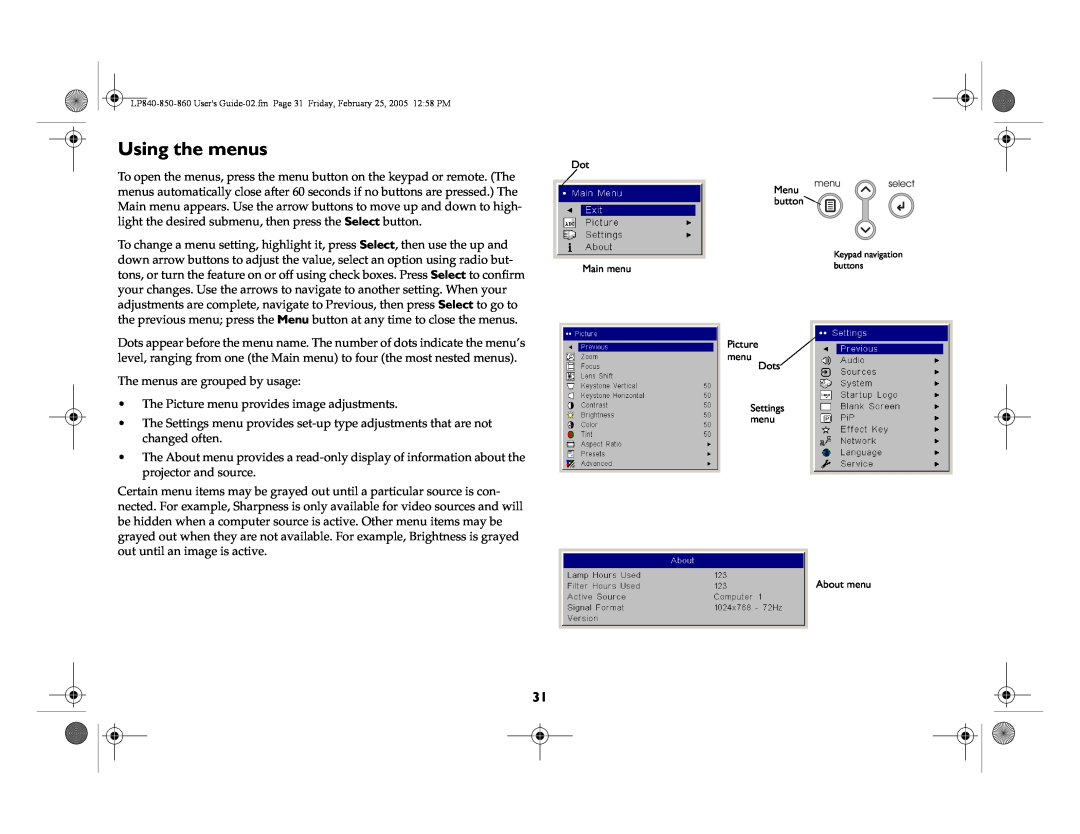 InFocus LP860, LP840, LP850 manual Using the menus 